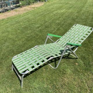 Vintage Chaise Lounge Green White Aluminum Webbed Adjustable Lawn Beach Chair 2
