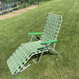 Vintage Chaise Lounge Green White Aluminum Webbed Adjustable Lawn Beach Chair 3