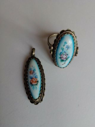 Set Of A Vintage Ring With Pendant.  Flowers Painted On A Porcelain.  1920 