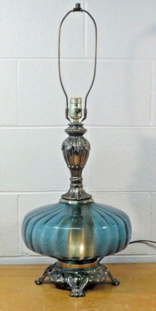 Blue Glass Lamp Metal Base Hollywood Regency Vintage 3way Illuminated