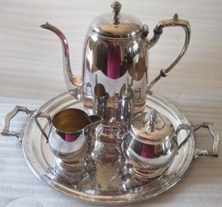 Sheridan Silver On Copper Coffee Tea Set - Pitcher Creamer Sugar & Tray