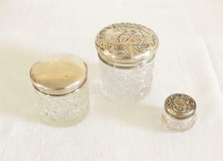 3 Antique Early 20th C Silver & Cut Glass Lady’s Dressing Table Jars Hallmarked