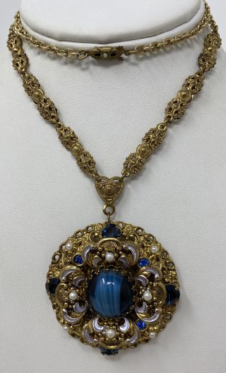 Vintage West Germany Filigree Blue Swirl Art Glass Enamel Rhinestone Necklace