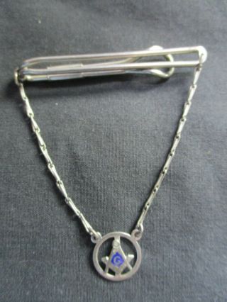 Vintage Sterling Masonic Freemasons Tie Tack Clip Pin Chain Silver Blue Grand