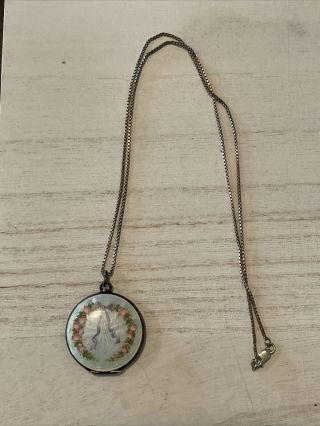 Vintage Sterling Silver Light Blue Enamel Guilloche Locket Pendant Necklace