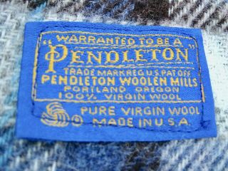VTG Pendleton Wool Throw Brown Blue Plaid Fringe USA MADE Stadium Blanket 2