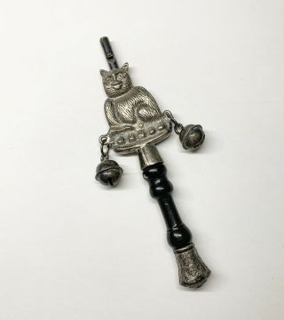 Antique Silver Plated Baby Rattle / Whistle Cat W/ Bells & Wood Handle Vintage