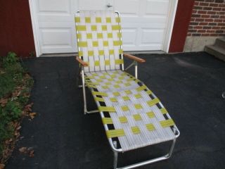Vintage Aluminum Chaise Lounge Chair Yellow Webbing Folding W/ Wood Arms Evc