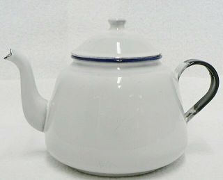 Vintage White With Black Trim Enamel Ware Tea Pot Made In Sweden