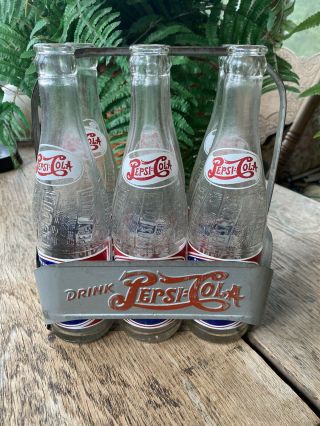 Vintage Pepsi Cola Double Dot Metal 6 Pack Carrier With 12 Oz.  Bottles