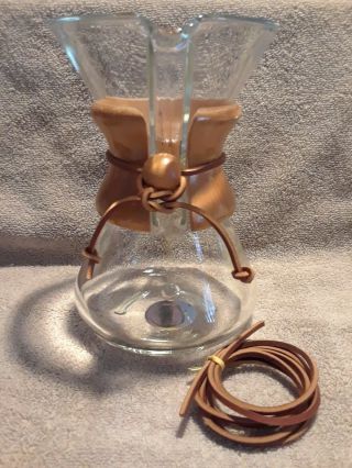 Vintage Chemex Pour Over Coffee Maker Pyrex W/ Wood Collar Green Label Mcm 8 "