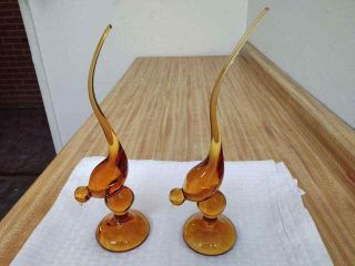 Vintage Viking Glass Long Tail? Birds; Amber Colored Pair.