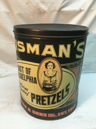 Vtg Reismans Pretzels Of Philadelphia Tin Can 1940s 50s Kitchen Food Canister