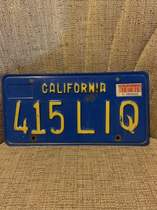 1975 California License Plate 415 - Liq Classic Blue 6 Digit 1970s Auto Mancave