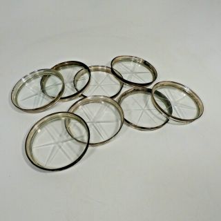 Set Of 8 Antique Vintage Sterling Silver Rim With Starburst Cut Glass Coasters