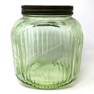 Vintage Anchor Hocking Green Depression Glass Ribbed Cookie Jar Canister Range