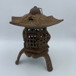 Vintage Cast Iron Pagoda Lantern Lamp Candle Holder 3 Roof Top Hearts 8 "