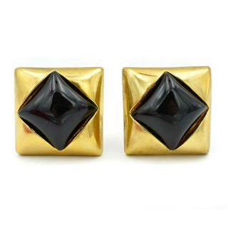 Vintage Escada Margaretha Ley Signed Large Black Gold Square Clip - On Earrings