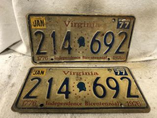 Vintage 1977 Virginia Bicentennial License Plate Pair