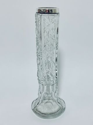 Antique Victorian Cut Glass Post Bud Vase With Solid Sterling Silver Rim 1901