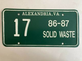 1986 1987 Alexandria Virginia Solid Waste License Plate Low Number Digit 17