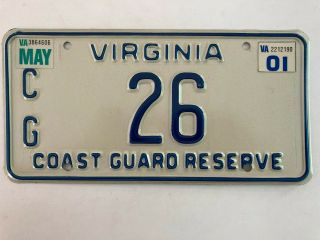 2001 Virginia License Plate Coast Guard Reserve Military Low Number 2 Digit 23