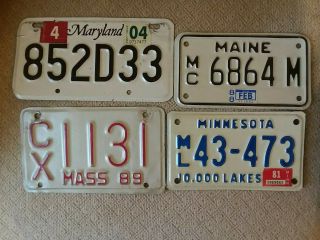 Motorcycle License Plates.  1988 Maine.  2004 Maryland.  1981 Minnesota.  1989 Mass.
