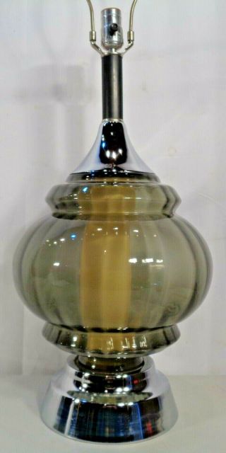 Vtg Mid Century Modern Smoked Glass Table Lamp With Night Light Retro 1960 