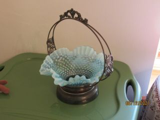 Brides Basket Fluted Fenton Blue Opalescent Hobnail Bowl Is Weirdly Shape