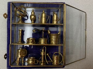 Vintage Miniature Glass And Brass Shadow Box Curio With Brass Collectibles