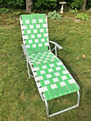 Vintage Aluminum Chaise Lounge Chair Webbed Folding Lawn Patio Beach Chair