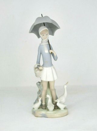 Vintage Lladro Girl With Umbrella And Geese 4510 Matte Finish