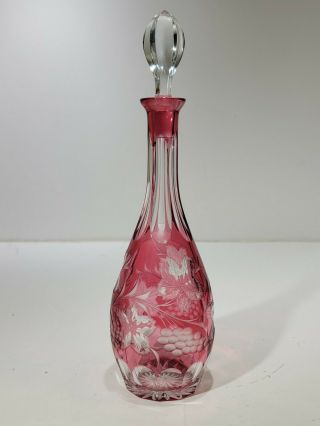 Vintage 12 Inch Cranberry Ruby Red " Cut To Clear " Crystal Decanter W/ Stopper