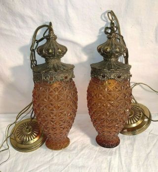 Vintage Mid Century 1950s 1960s L & Lwmc Double Amber Glass Hanging Swag Lights