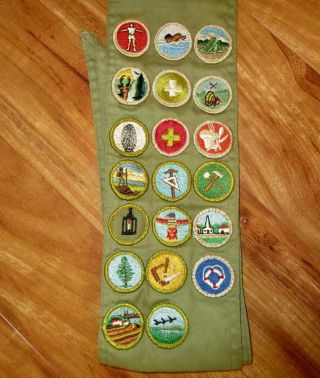 Vintage Boy Scout Green Sash With 20 Merit Badges 1960 