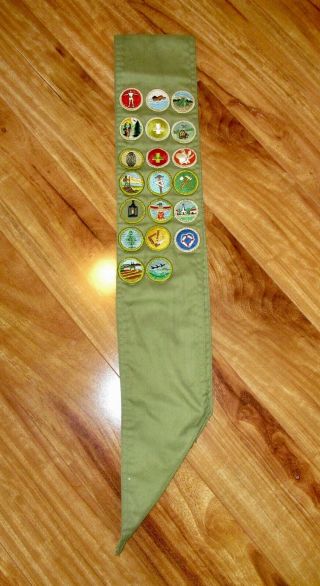 Vintage Boy Scout Green Sash with 20 Merit Badges 1960 ' s 2