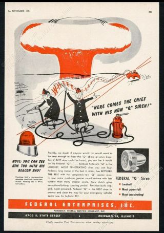 1951 Atomic Bomb Mushroom Cloud Firemen Art Federal Beacon Ray Light Siren Ad
