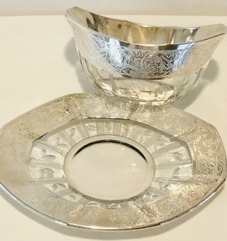 Antique Cut Etched Glass Sterling Silver Rimmed Plate And Serving Bowl / Dish