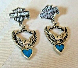 Harley Davidson Earrings Turquose Heart & Eagle Bar & Shield Dangal Silver Tone