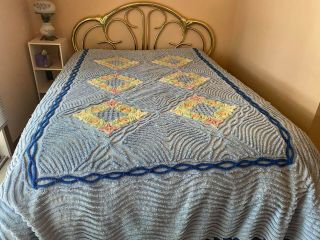 Vintage Full Or Queen Chenille Bedspread Bright Colors On Blue.