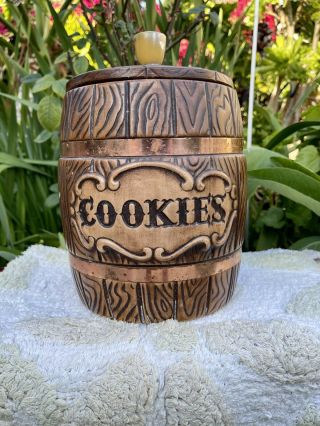 Vintage Treasure Craft Ceramic Wood Barrel - Look Cookie Jar 60’s - 70’s
