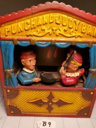 B - 9 Antique Cast Iron " Punch And Judy " Mechanical Bank " Book Of Knowledge " 1960