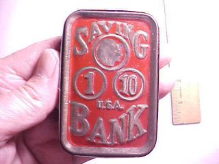 1930s Antique Fancy Red And Gold Embossed Tin Stll Bank Rectangular Shape Vg,