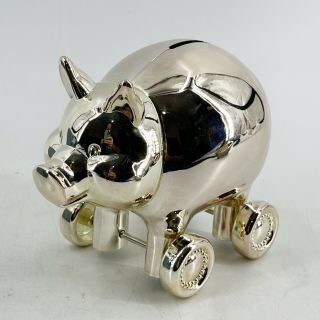 Vintage Reed & Barton Piggy Bank On Wheels Silver Plate Baby Gift Nwot