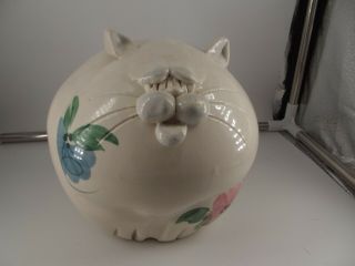 Vintage Handmade Ceramic Fat Cat Coin Bank With Pink And Blue Flowers