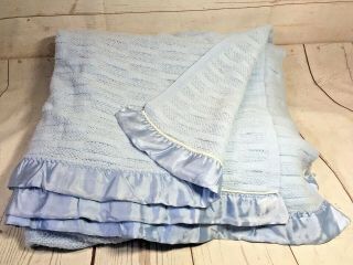 Vtg Rare Blue Satin Edge Waffle Weave Acrylic Thermal Blanket 82x80 Queen - Usa