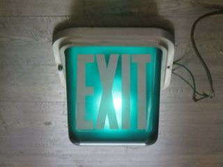 Vintage Lighted Exit Sign Glass Green With White Ceiling Mount