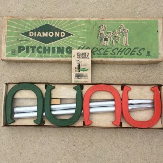 Vtg Diamond Duluth Double Ringer Pitching Horseshoes Set W/ Box Green Orange