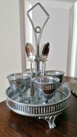 Antique Cruet Silver Plated 4 Egg Cup And Spoon Stand Set Epns Art Deco