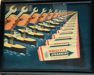 Vintage Wrigley’s Spearmint Gum Trolley Cardboard Sign Framed Otis Shepherd